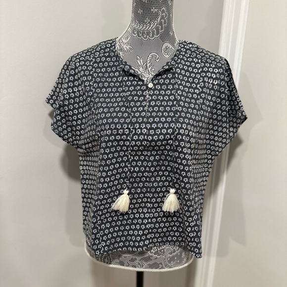 Women L/XL Cotton Boxy Lightweight navy blue Repeat Oval Abstract Pattern Blouse - Picture 1 of 15